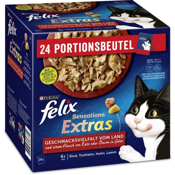 Felix Sensations Extras Land Käse oder Bacon Gelee 24x85gP